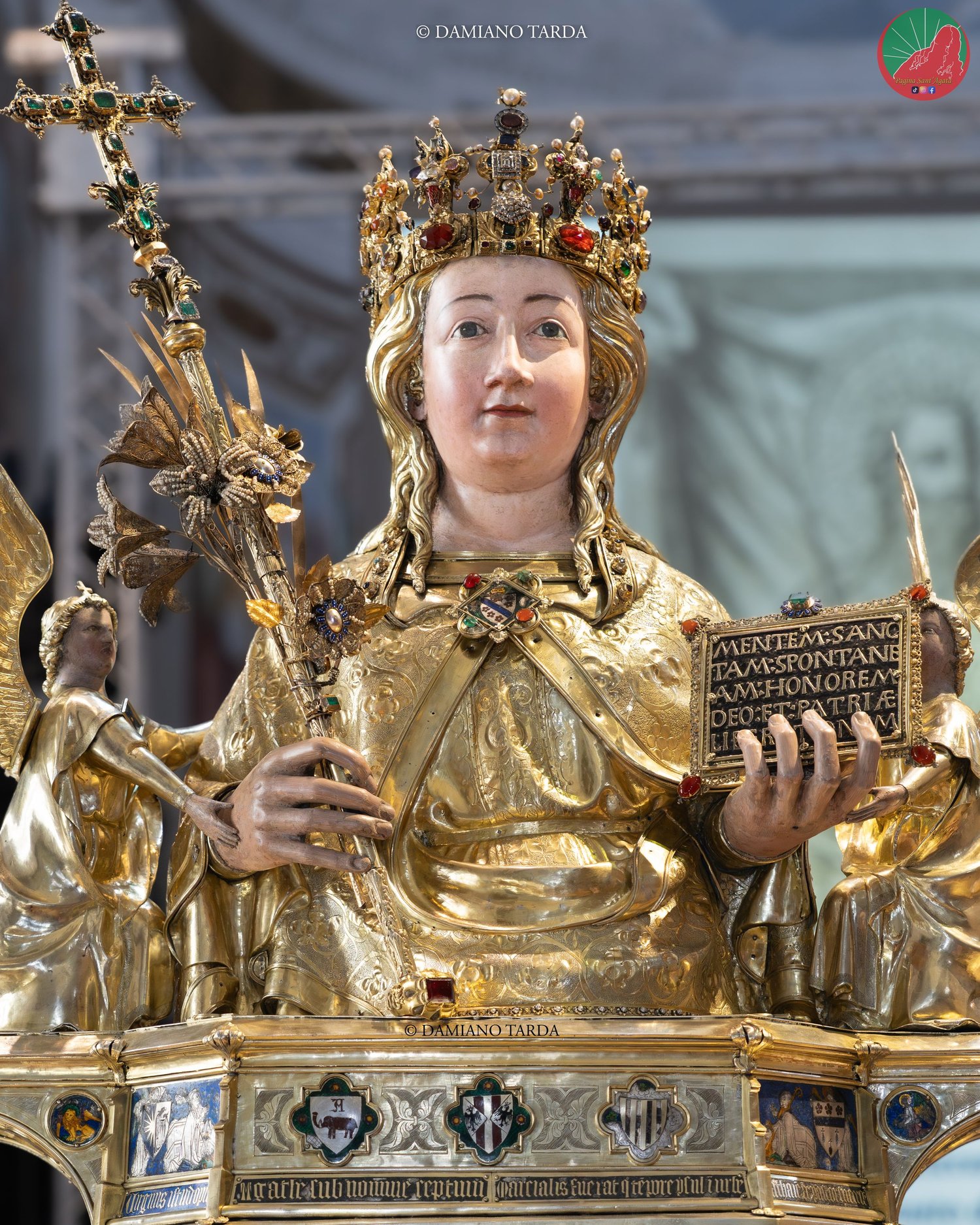 The reliquary bust after the restoration, stripped of its ex-votos, on display in Catania on 21 and 22 July 2026.
