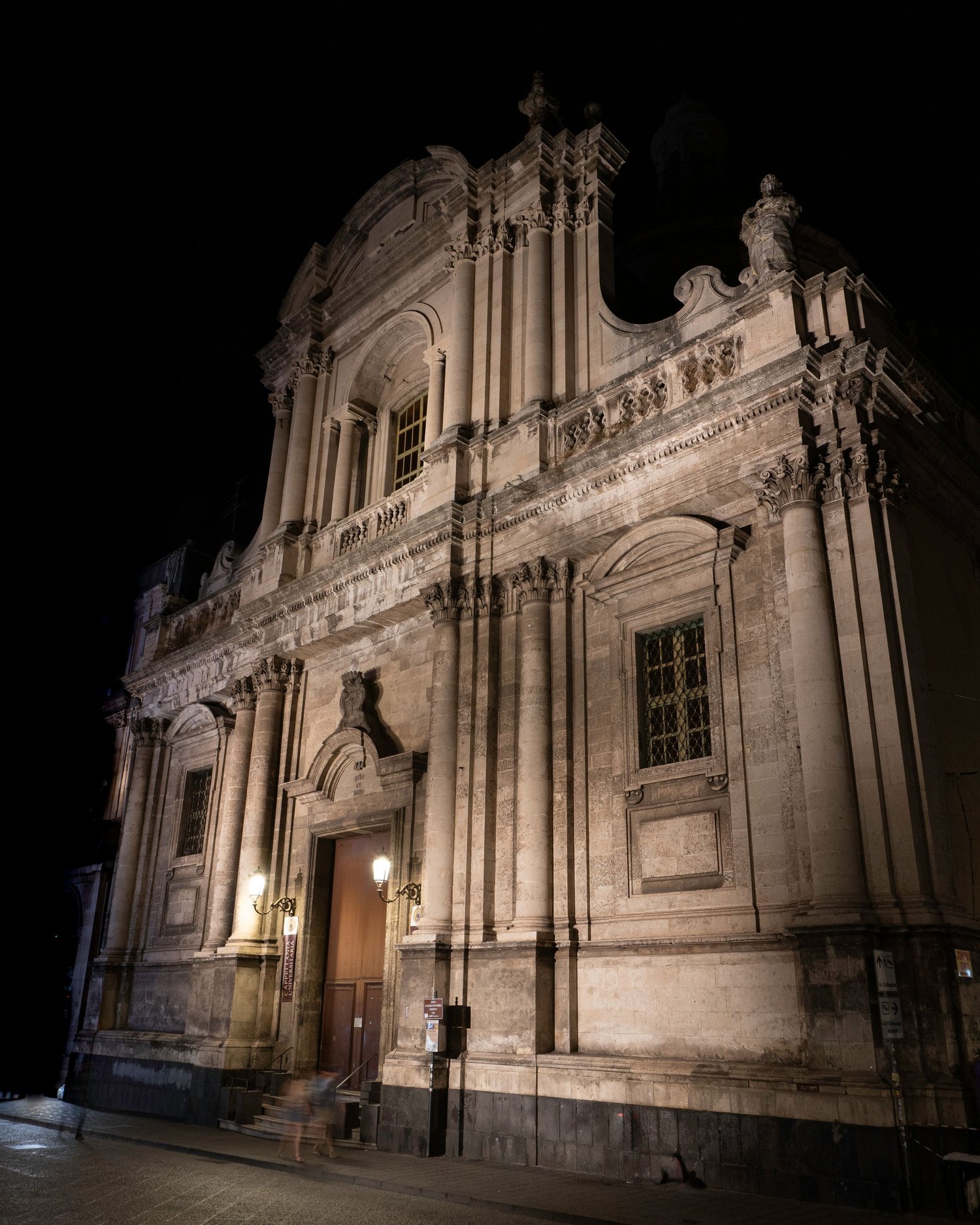 The Baroque Minoriti church at night, illuminated façade, Via Etnea, Catania. Architectural photography