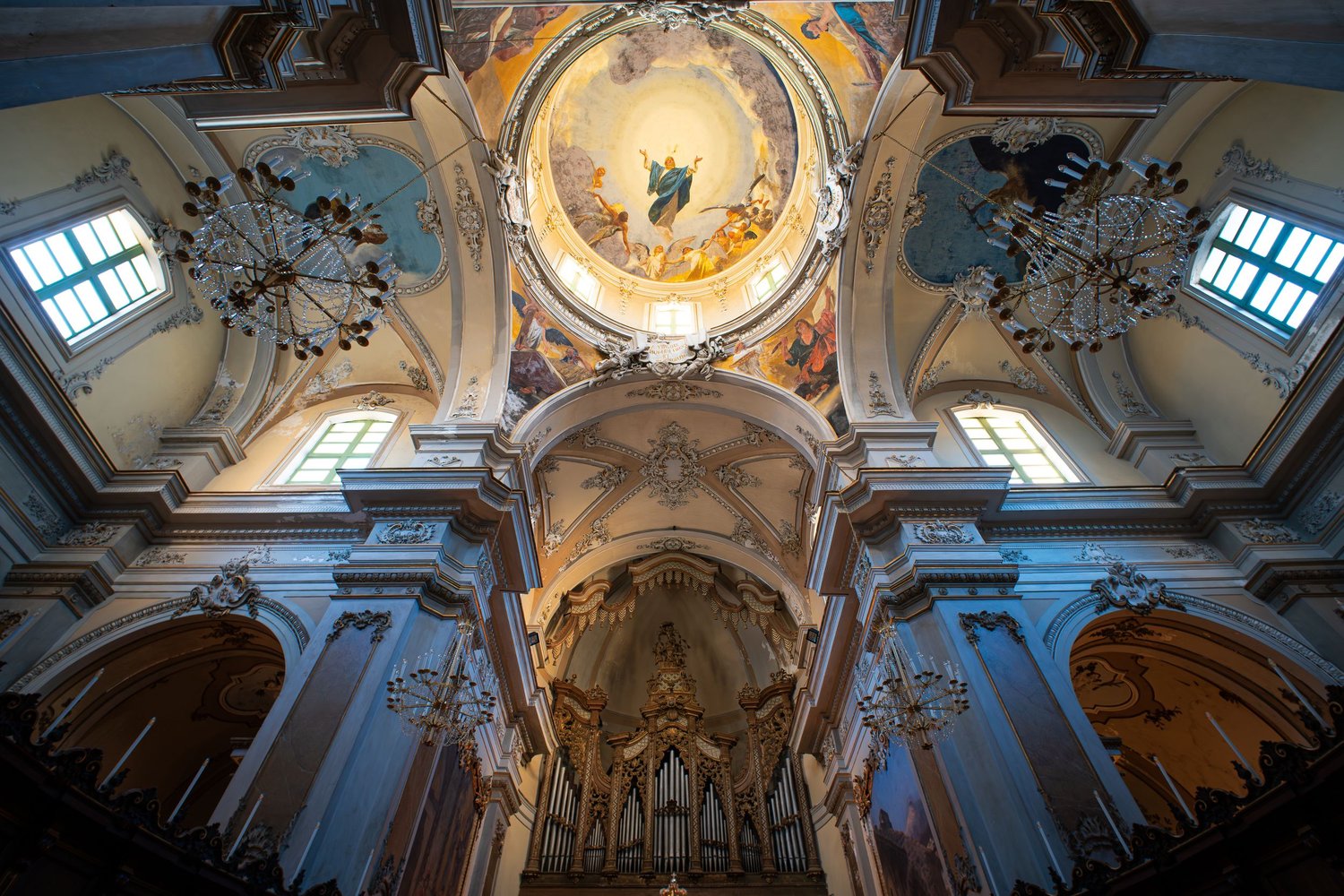 The Collegiata, interior of a Baroque church with frescoes, sacred art photography.