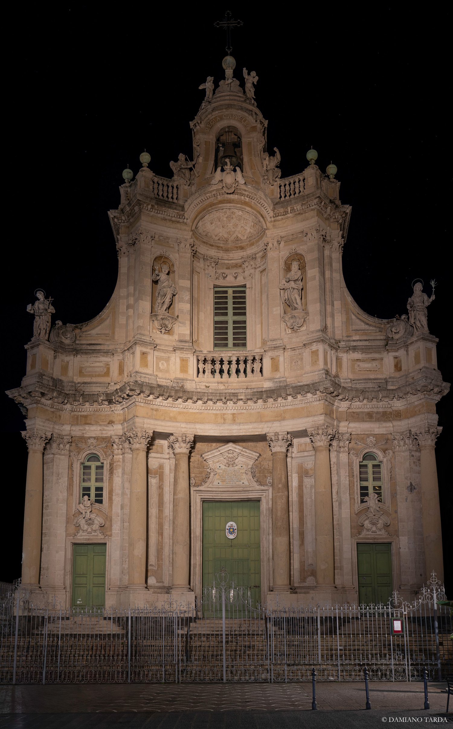 Night façade of the Collegiate Basilica of Santa Maria dell'Elemosina, Catania. Baroque