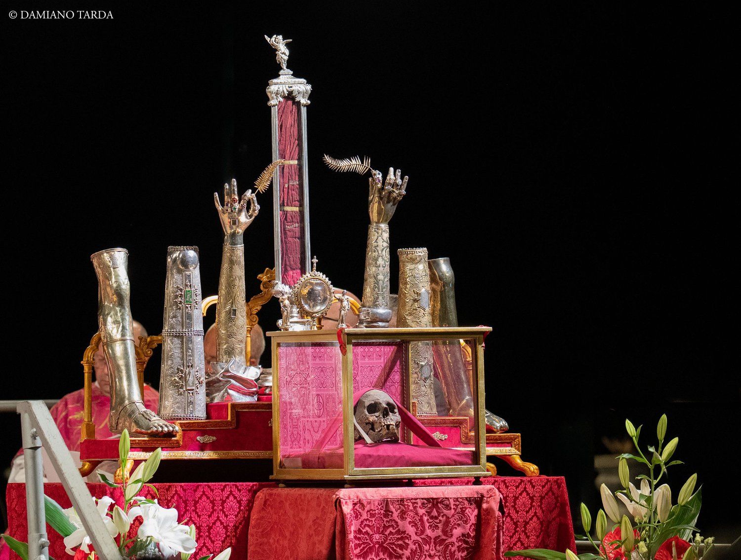 The reliquaries of Saint Agatha displayed on the altar during a night celebration of the 900th anniversary.