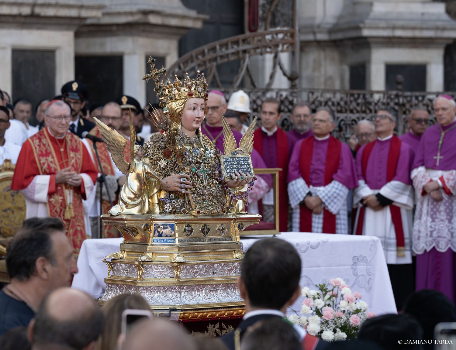 The bust of Saint Agatha on the open-air altar among the clergy, 900th anniversary celebrations in Catania.