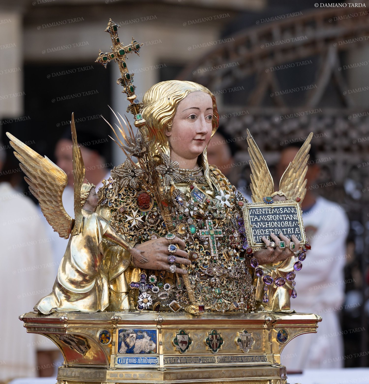 The reliquary bust of Saint Agatha after the restoration, without ex-votos, close-up. 900th anniversary, 2026.