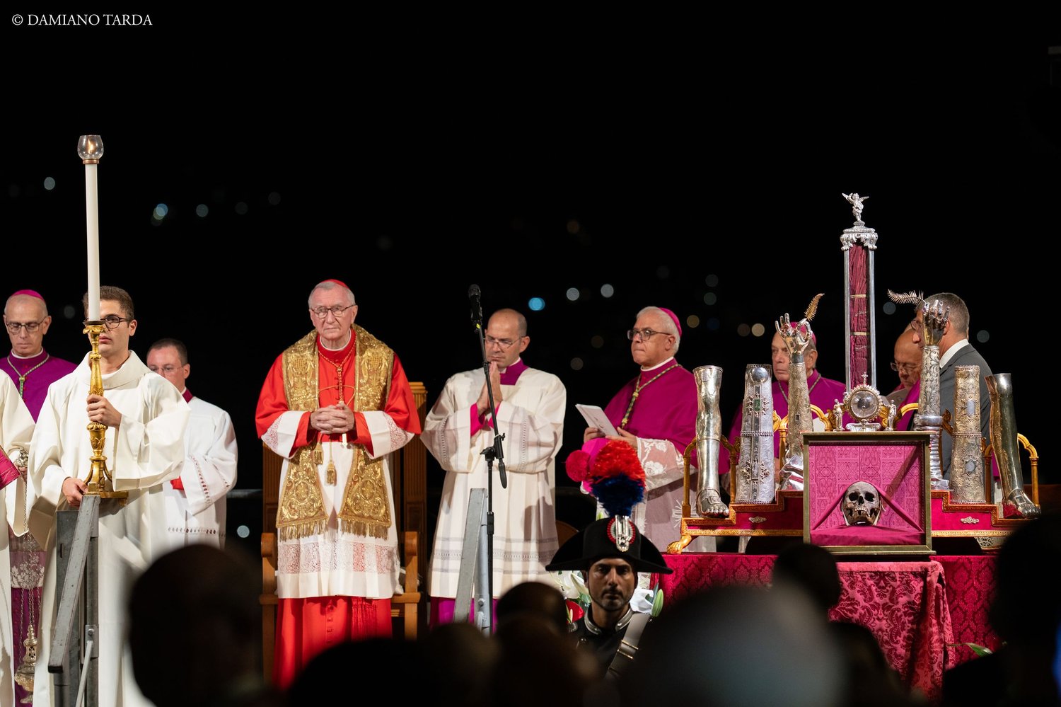 Clergy at the altar of the night Mass beside the reliquaries of Saint Agatha, 900th anniversary in Catania.