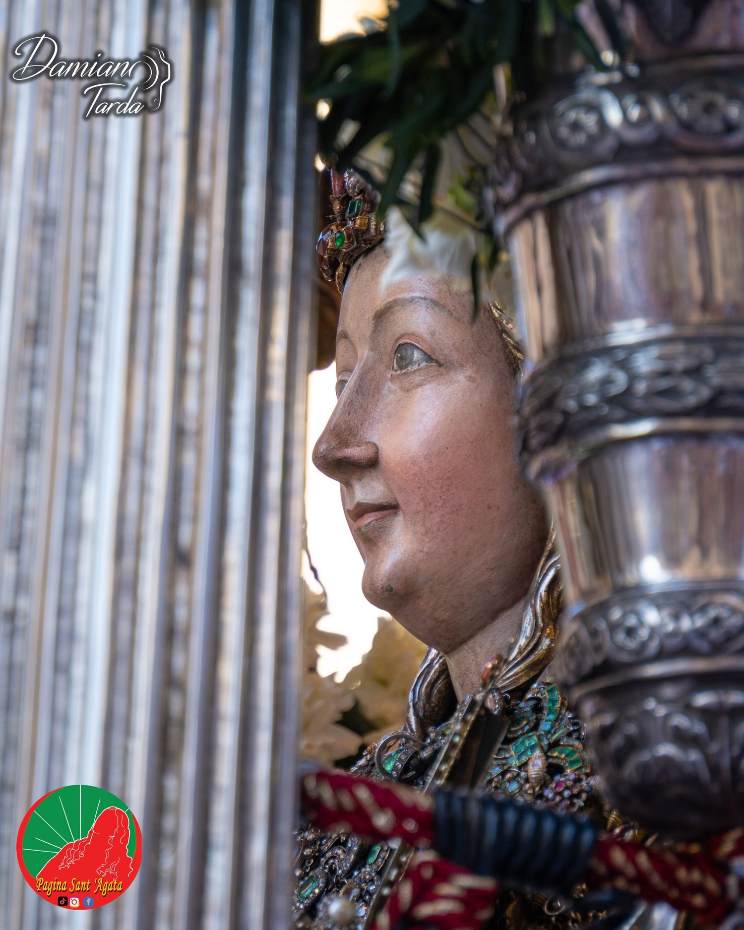 The profile of the face of Saint Agatha's reliquary bust, close-up.