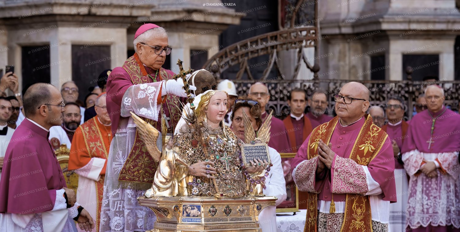 Archbishop Luigi Renna places the head of Saint Agatha inside the reliquary bust. 17 August 2026