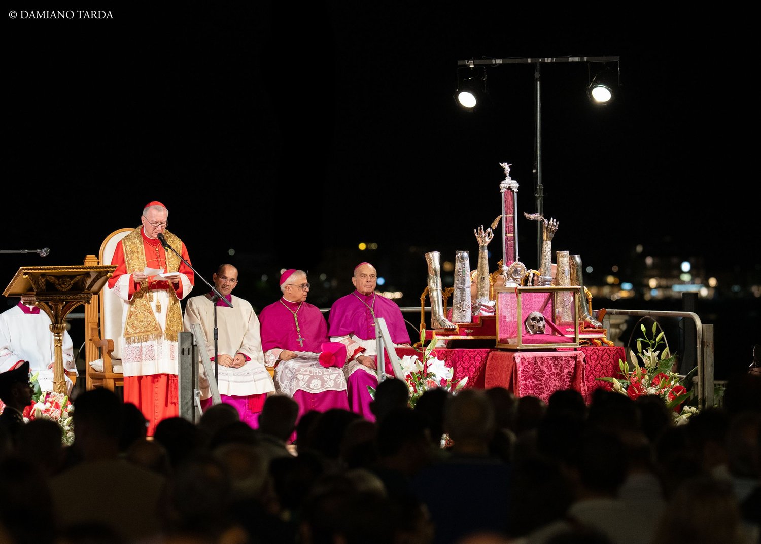 Open-air evening Mass in Catania with the relics of Saint Agatha displayed on the altar, 900th anniversary.