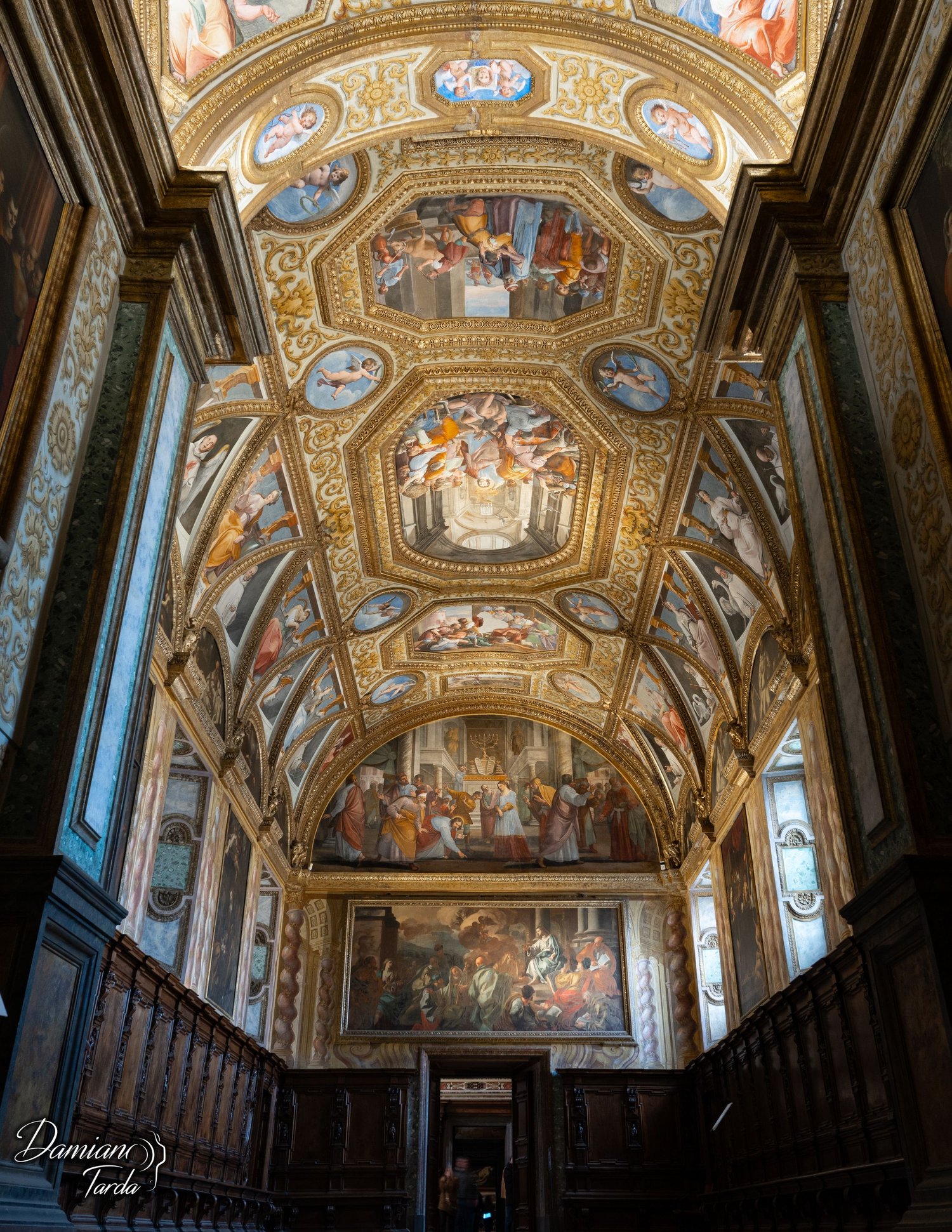 Naples, Certosa di San Martino, frescoed vault and wooden choir stalls.