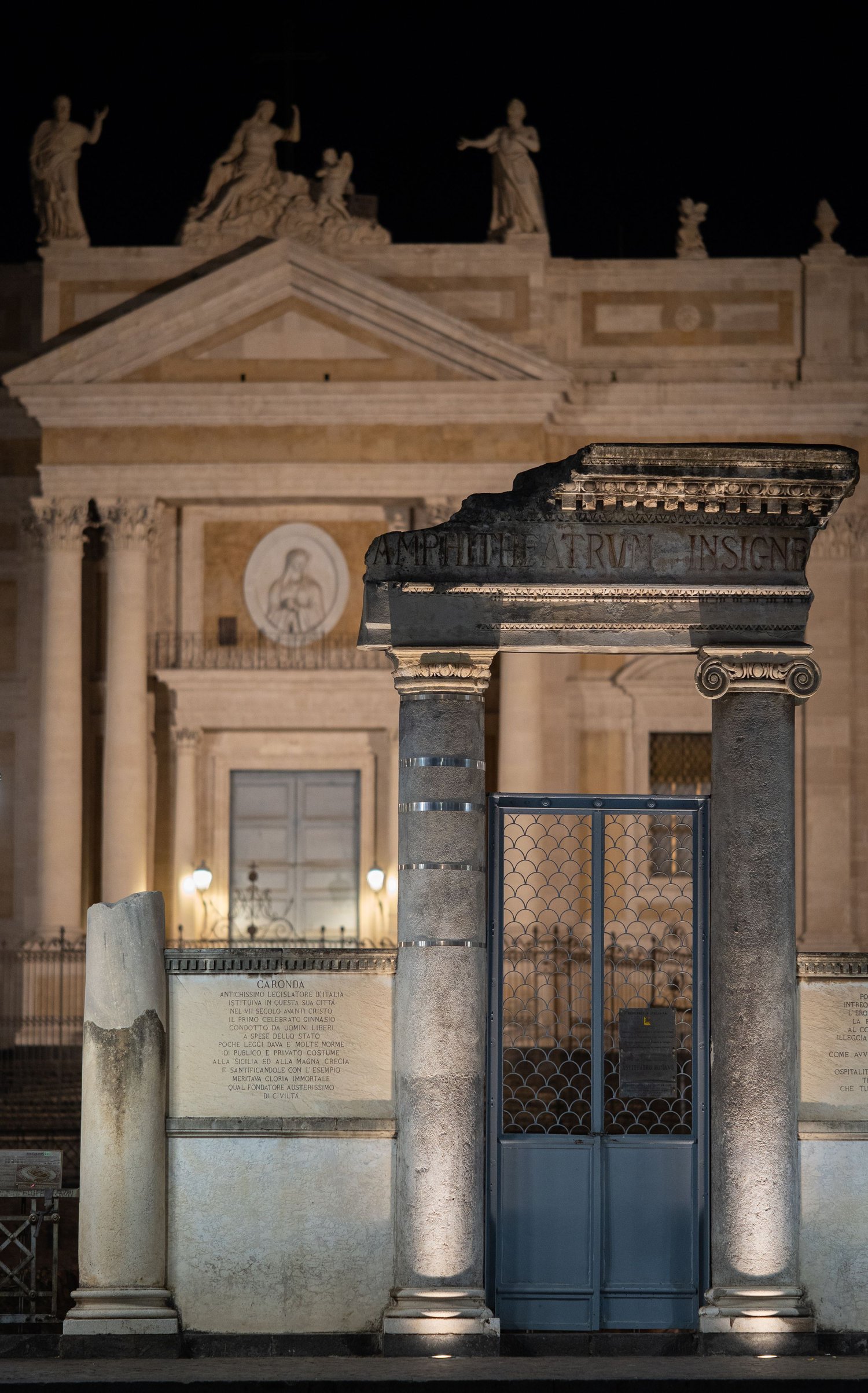 Piazza Stesicoro, the Church of San Biagio lit in the evening, Italian architecture, urban photography