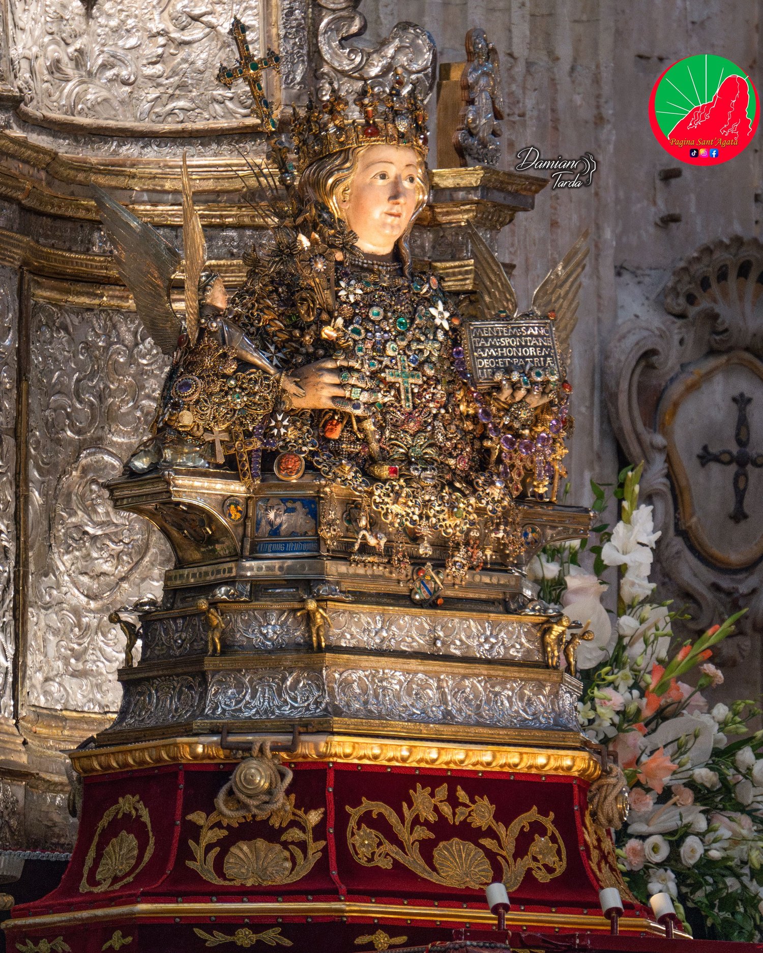 Close-up of the reliquary bust of Saint Agatha set with traditional jewels and precious ex-votos, Catania