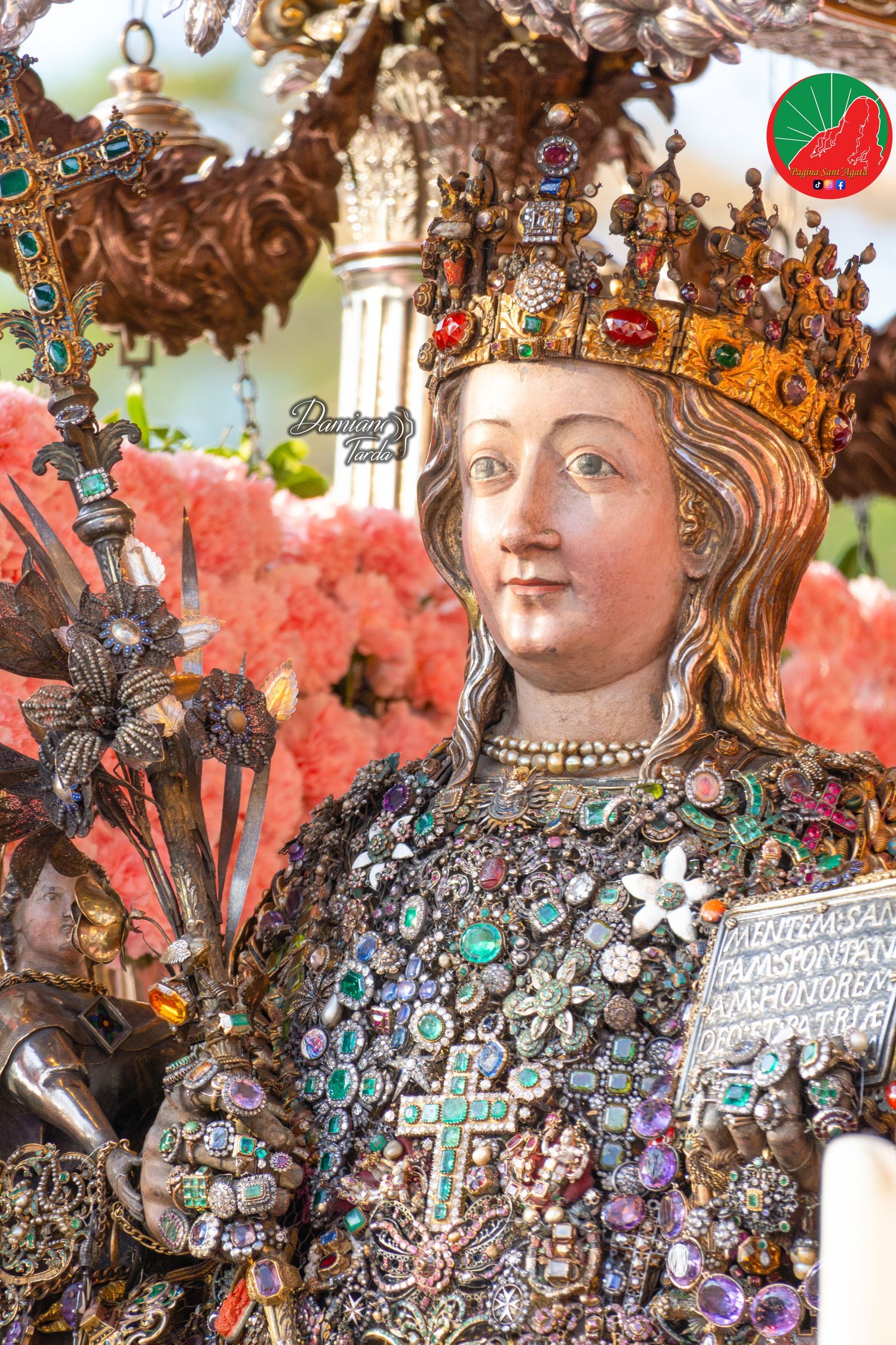 Close-up of the reliquary bust of Saint Agatha set with traditional jewels and precious ex-votos, Catania