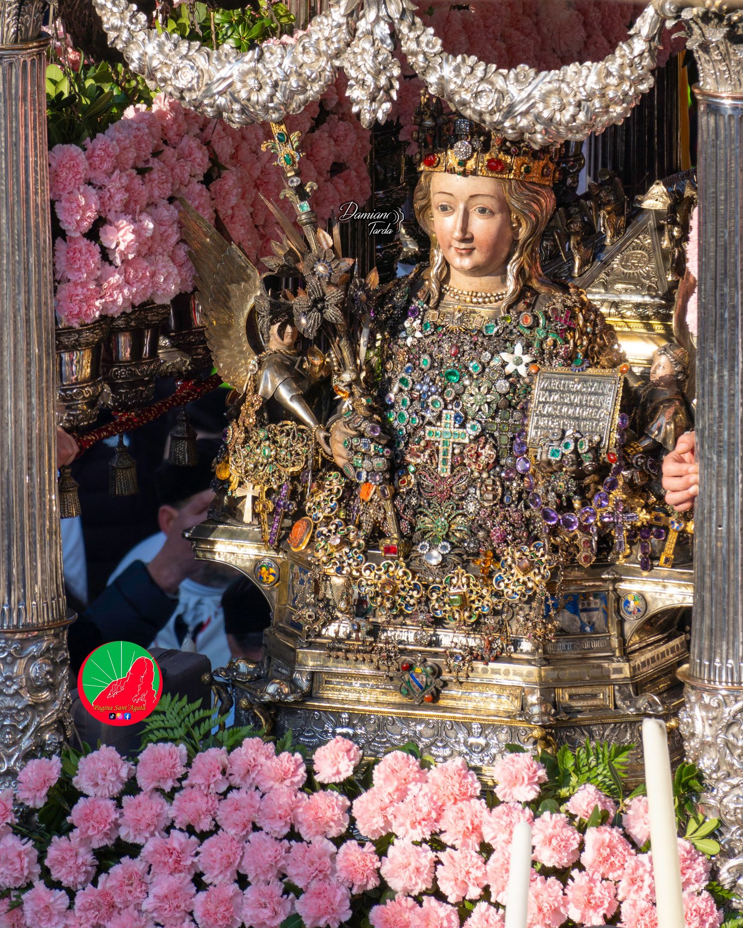 Close-up of the reliquary bust of Saint Agatha set with traditional jewels and precious ex-votos, Catania