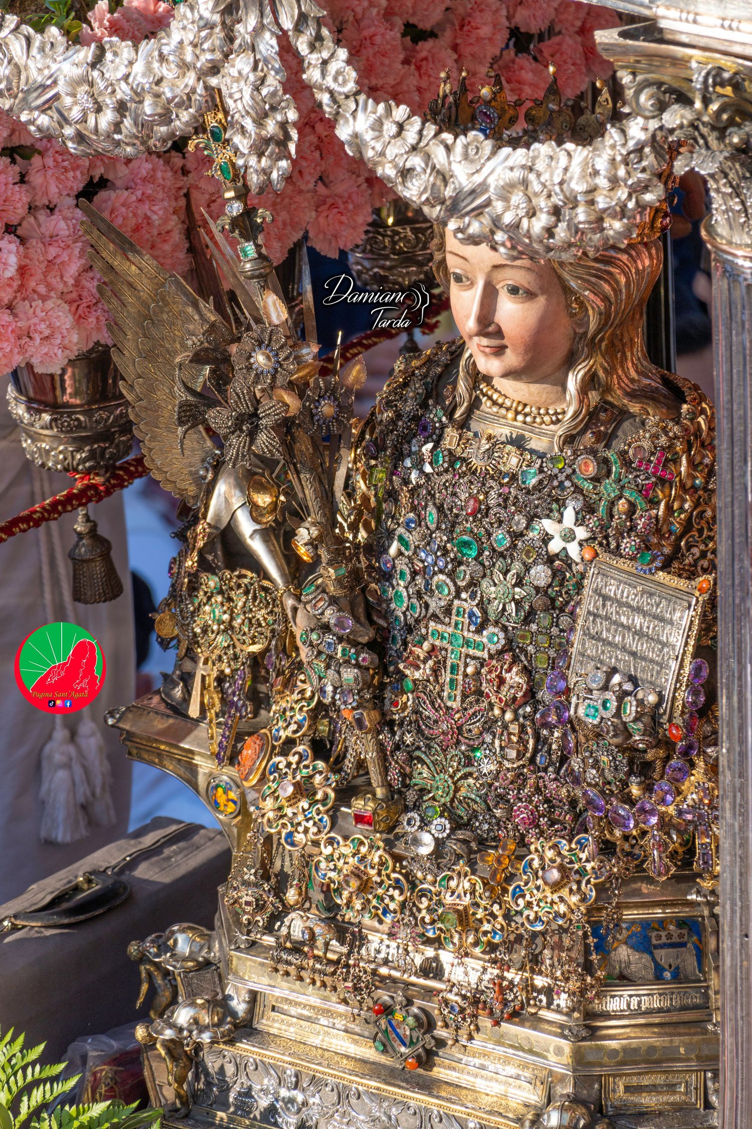 Close-up of the reliquary bust of Saint Agatha set with traditional jewels and precious ex-votos, Catania