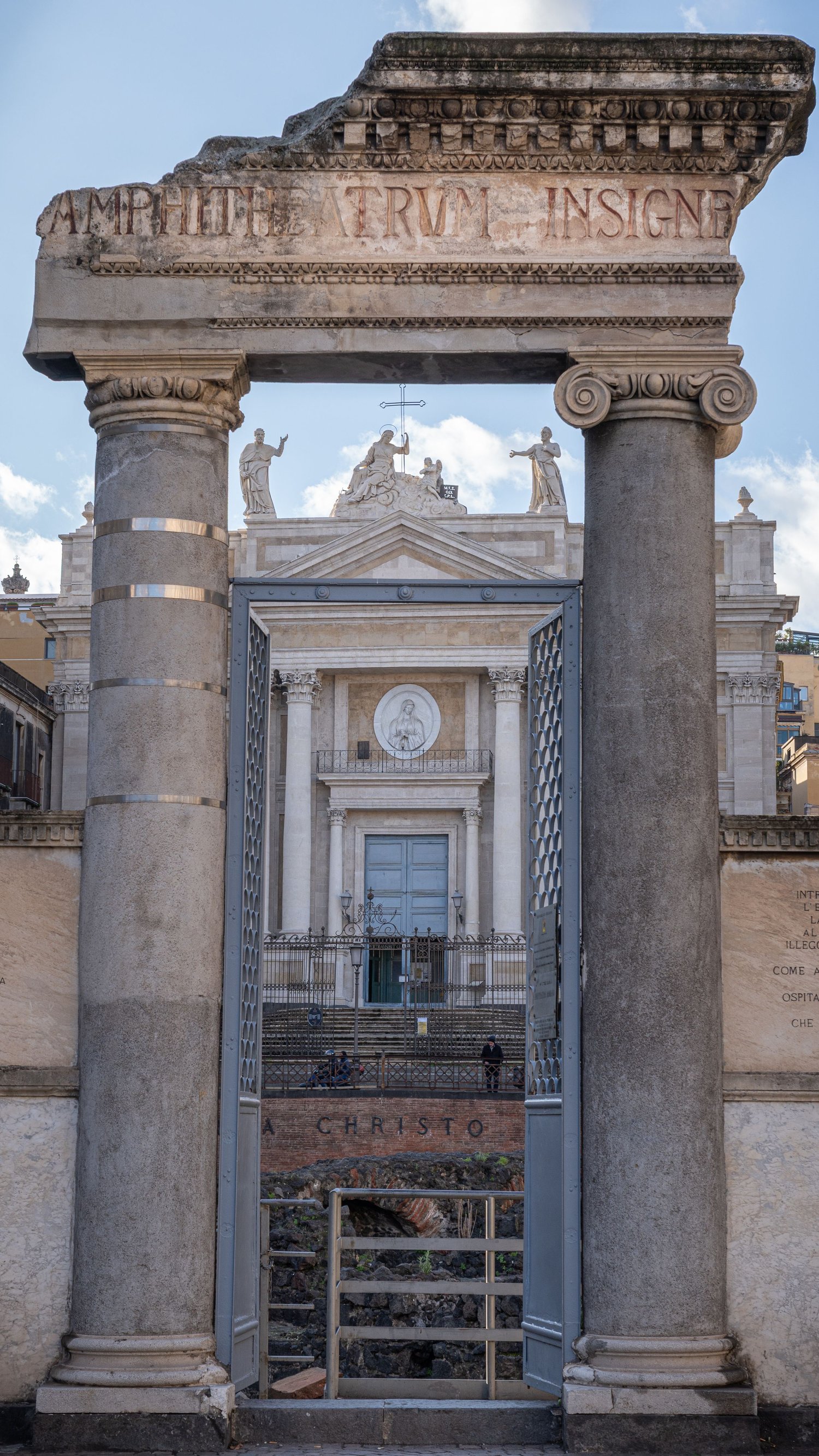 Remains of a Roman temple, ancient architecture in Catania, Piazza Stesicoro. Historical photography